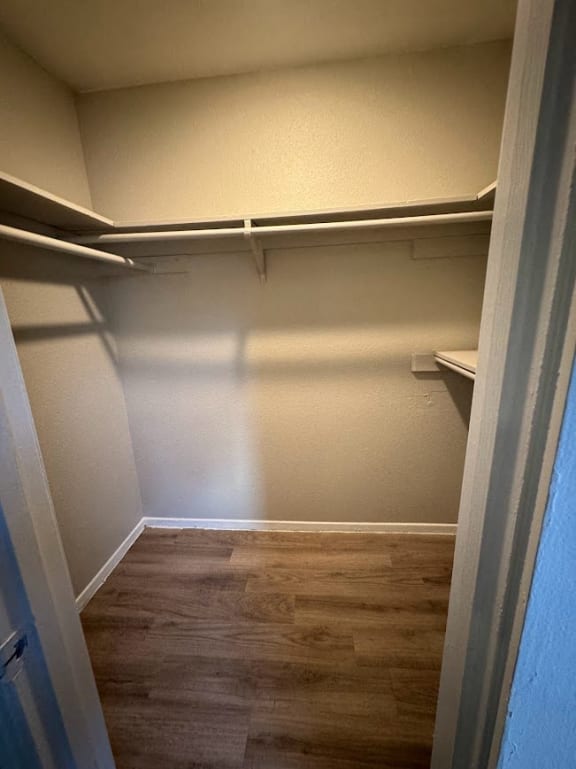 a walk in closet with shelves and a wood floor