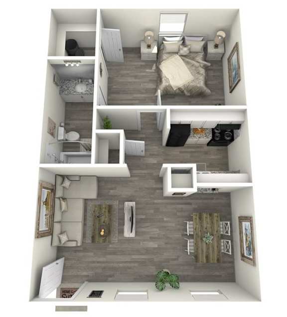 A 3D rendered image of a small apartment with a bedroom, living room, and kitchen.