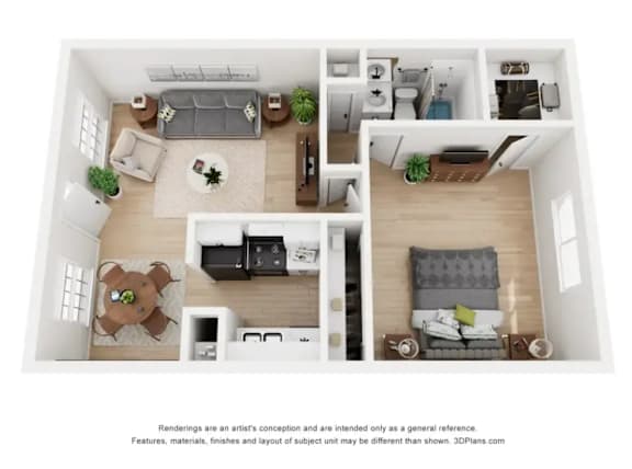 A 3D floor plan of a small apartment with a living room, kitchen, and bedroom.
