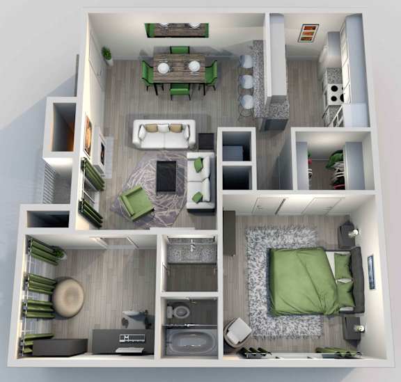A 3D floor plan of a small apartment with a living room, kitchen, and bedroom.
