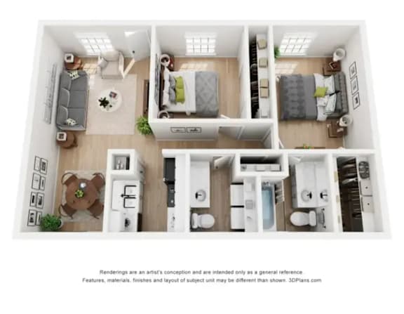 A 3D floor plan of a small apartment with a kitchen, living room, and two bedrooms.