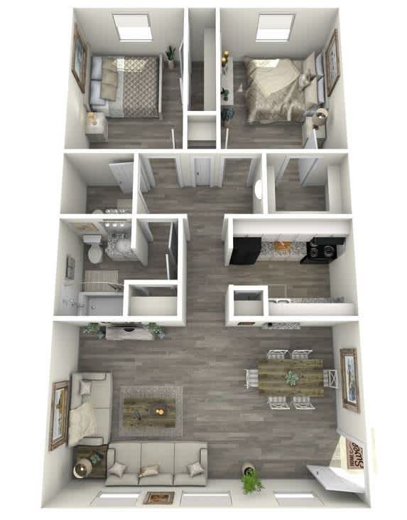 A 3D rendered image of a small apartment with a living room, kitchen, and bathroom.