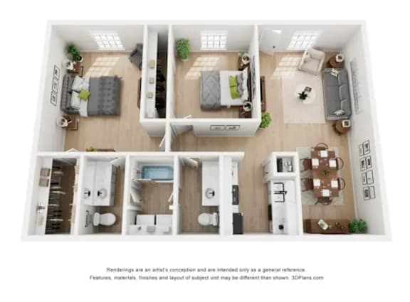 A 3D floor plan of a small apartment with a kitchen, living room, bedroom, and bathroom.