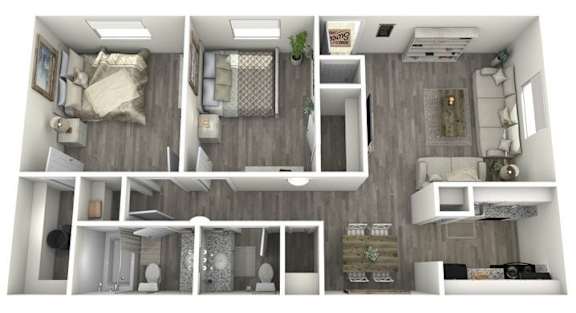 A 3D rendered image of a modern, minimalist apartment layout.