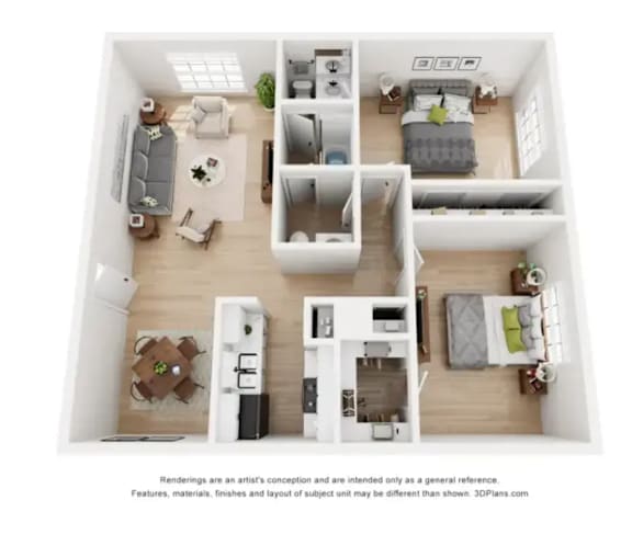 A 3D floor plan of a small apartment with a kitchen, living room, and bedrooms.