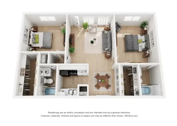 A 3D floor plan of a house with a kitchen, living room, and two bedrooms.