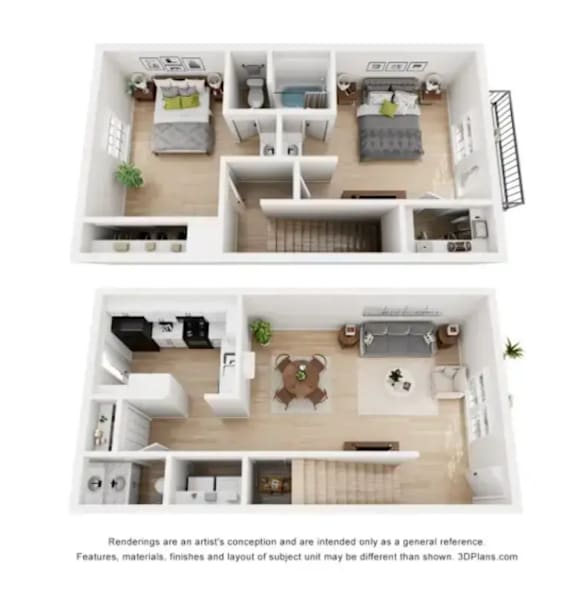 A 3D floor plan of a house with two bedrooms, a living room, a kitchen, and a bathroom.
