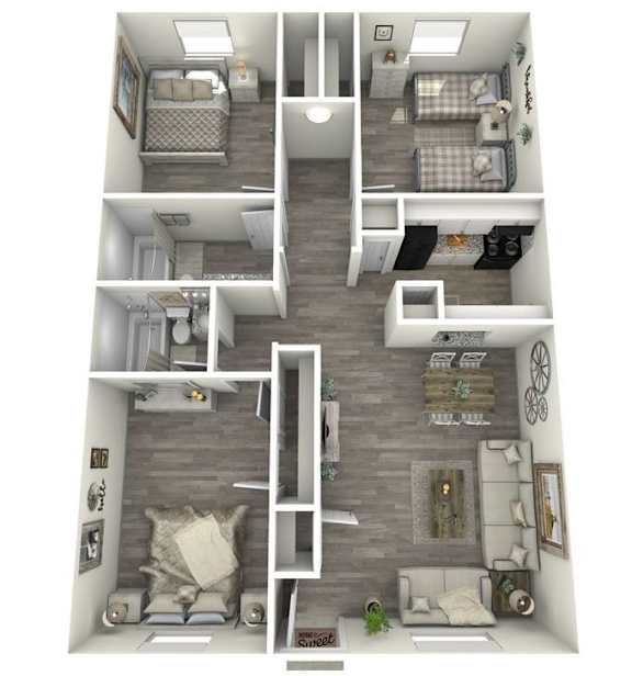 A 3D floor plan of a small apartment with two bedrooms, a living room, and a kitchen.
