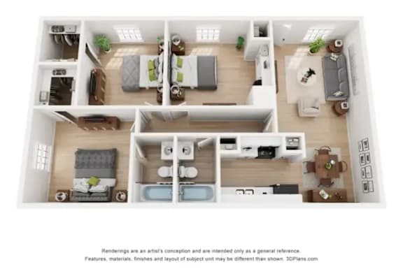 A 3D floor plan of a house with a kitchen, living room, and bedrooms.