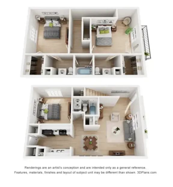 A 3D floor plan of a house with two bedrooms, a living room, a kitchen, and a bathroom.