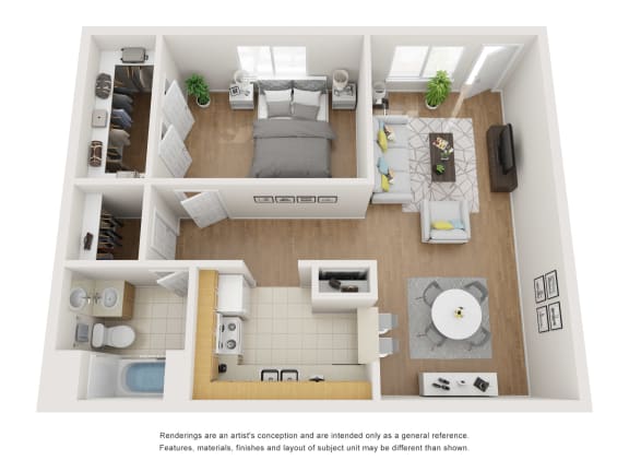 a floor plan of a 1 bedroom apartment at the crossings at white marsh apartments in white marsh  at Cambridge Village, Houston