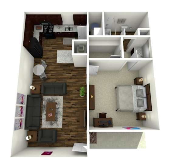 A 3D floor plan of a house with a kitchen, living room, bedroom and bathroom.