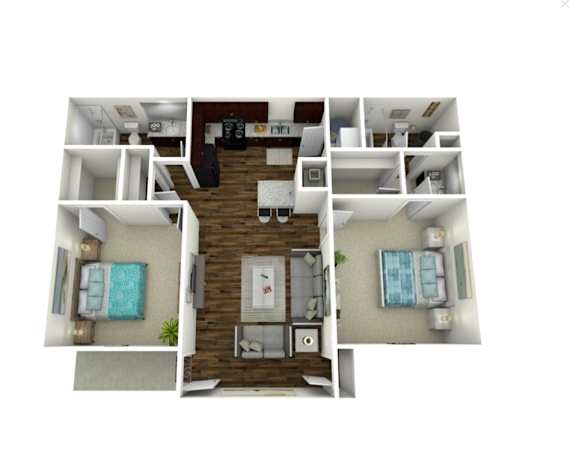 A 3D floor plan of a small apartment with a kitchen, living area, two bedrooms and two bathrooms.
