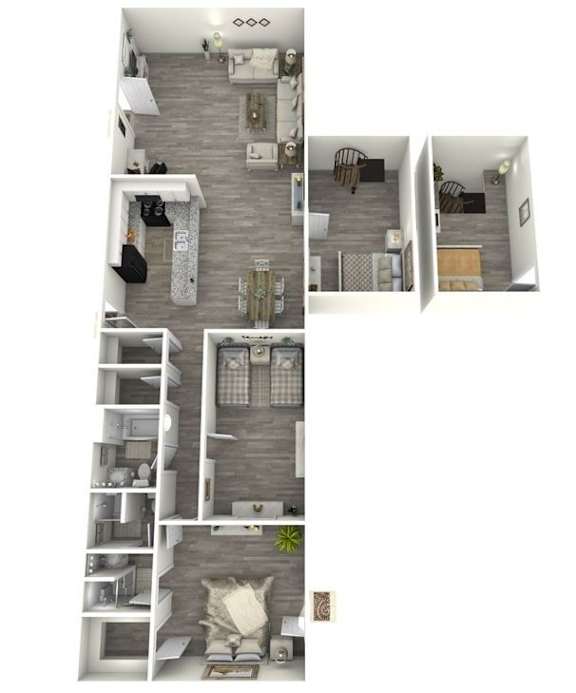 A floor plan of a two-story apartment with a living room, kitchen, dining room, and bedrooms.