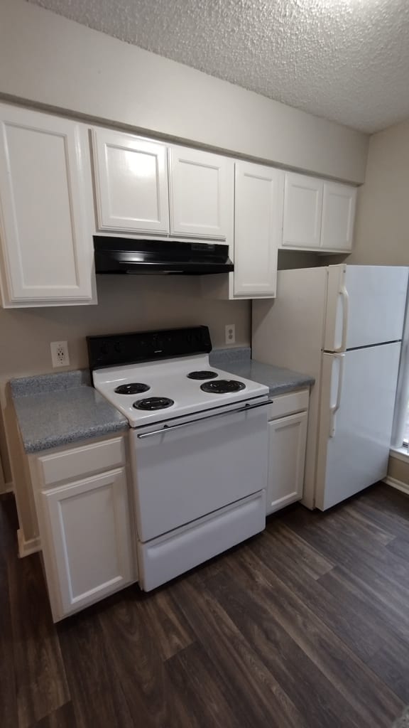 a kitchen with white cabinets and a stove and a refrigerator