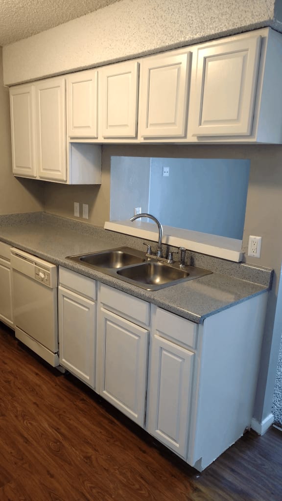 a kitchen with a sink and white cabinets