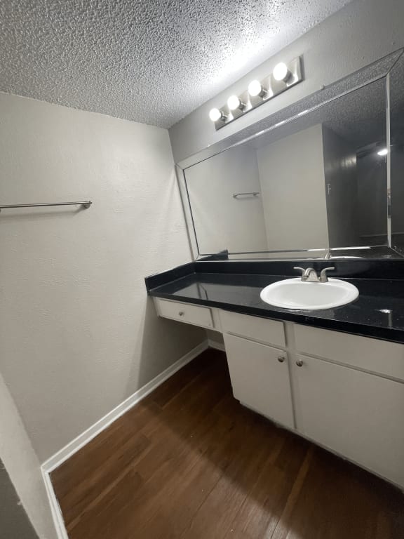 an empty bathroom with a sink and a mirror