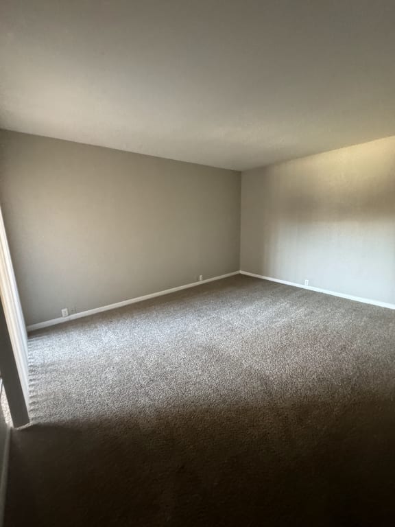 an empty room with a carpeted floor and gray walls