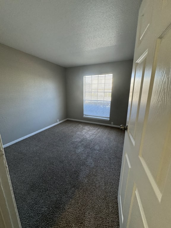 an empty room with carpet and a window