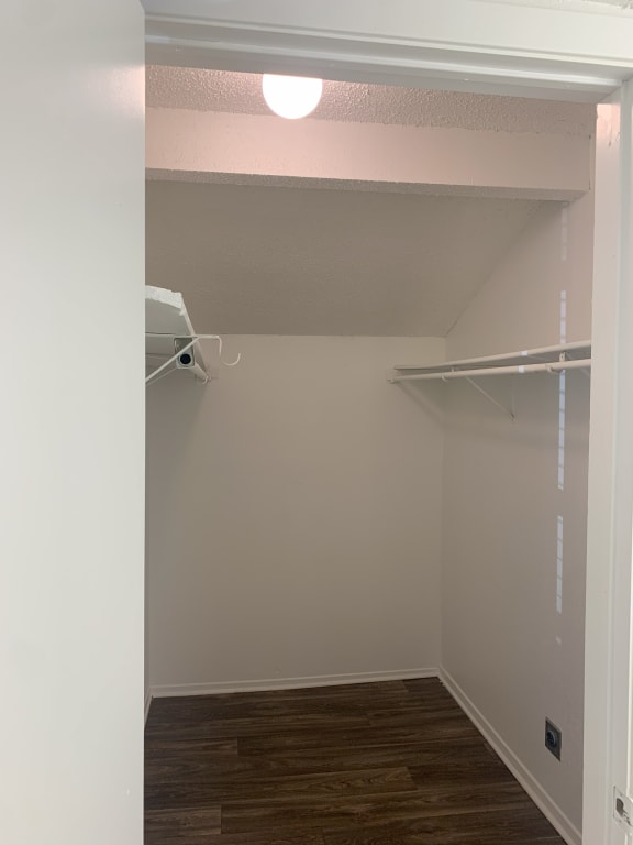 a walk in closet in a white room with a wood floor  at 1505 Exchange Apartments, Texas