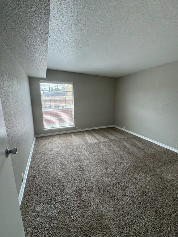 an empty room with carpet and a window