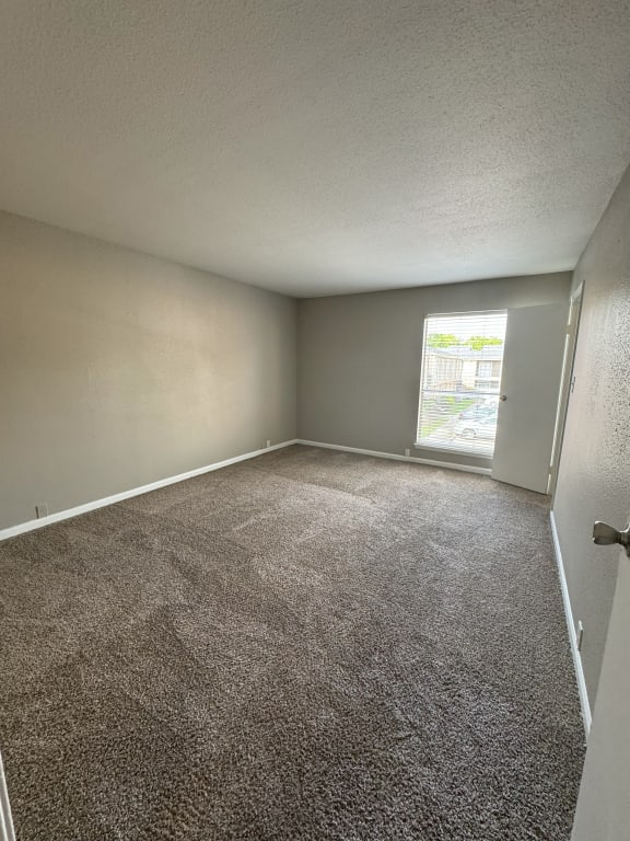 an empty room with carpet and a window