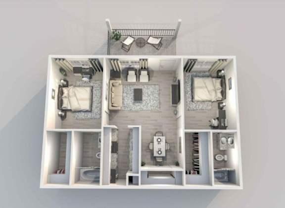 A 3D model of a house layout with a living room, two bedrooms, a bathroom, and a kitchen.