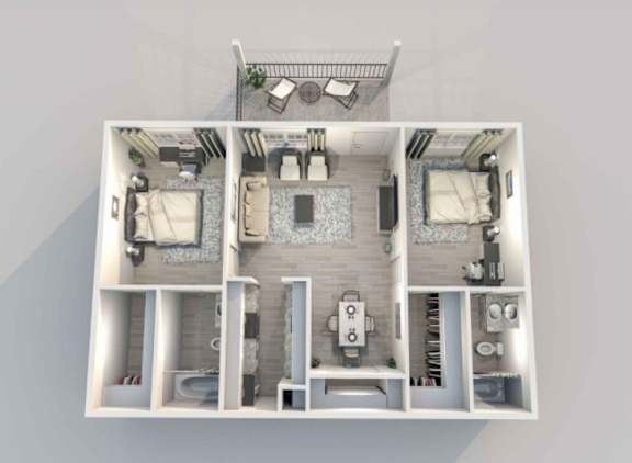 A 3D floor plan of a house showing a living room, kitchen, and two bedrooms.