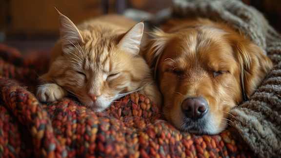 A cat and a dog are sleeping together on a blanket.