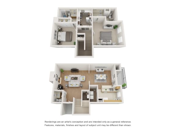 a stylized floor plan of a 3 bedroom apartment  at Oaks of Westchase, Texas