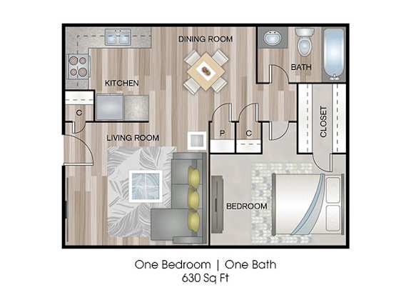 A floor plan of a one bedroom apartment with one bath.