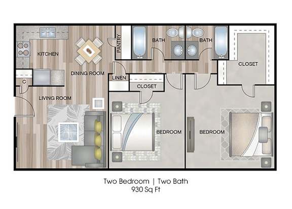 A floor plan of a two bedroom, two bath apartment.