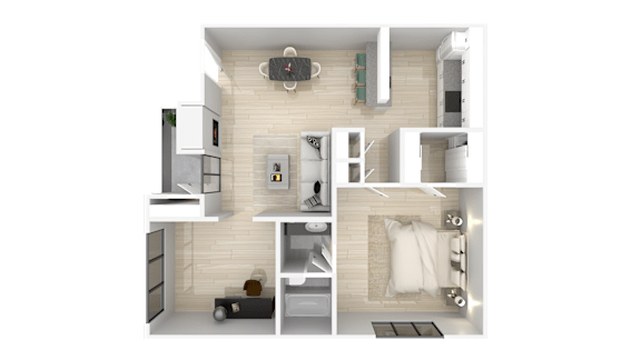 A 3D rendered image of a small apartment layout.