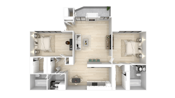 Floor Plan  A 3D floor plan of a house with a kitchen, living room, and two bedrooms.