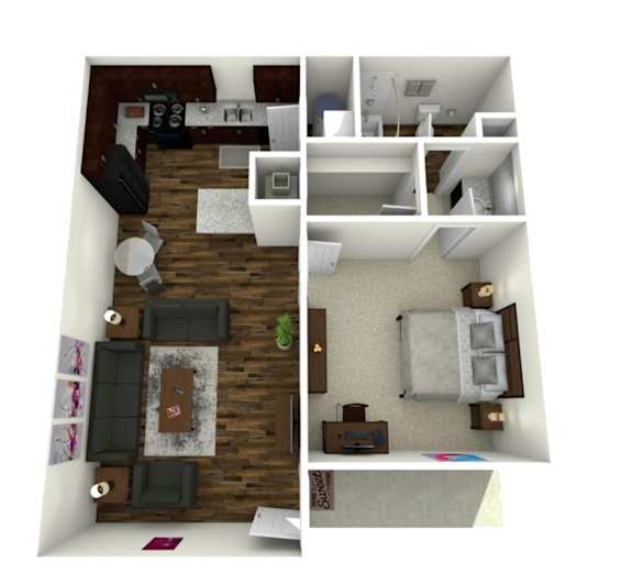 A 3D floor plan of a house with a kitchen, living room, bedroom and bathroom.