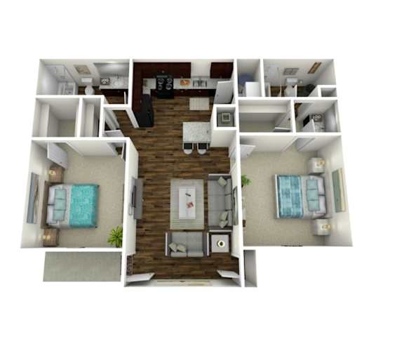 A 3D floor plan of a small apartment with a kitchen, living area, two bedrooms and two bathrooms.