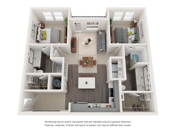 3D floor plan with two bedrooms and bathrooms at The Aurea Apartments, Houston, TX