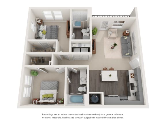 Floor Plan  3D floor plan showing two bedroom layout at The Aurea Apartments, Houston, 77093