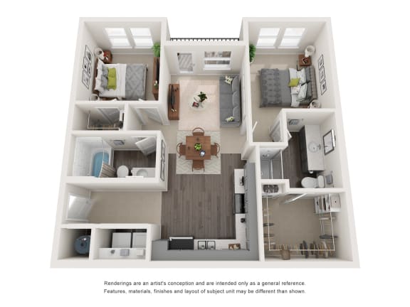 3D apartment floor plan with furnished rooms at The Aurea Apartments, Houston, Texas