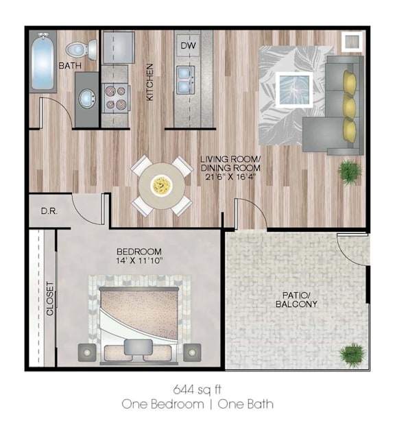 A floor plan of a 644 square foot one bedroom apartment with one bath.