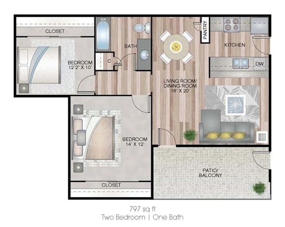 A floor plan of a 797 square foot home with two bedrooms and one bath.