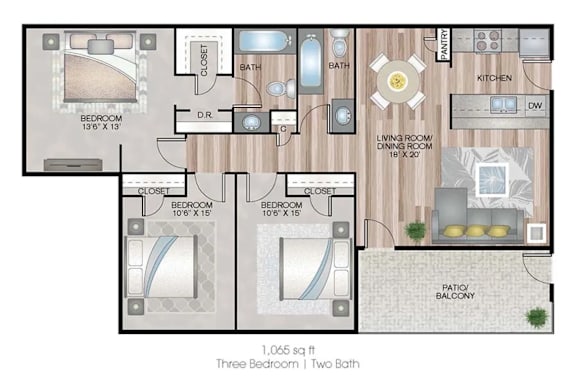 A floor plan of a house with three bedrooms and two bathrooms.