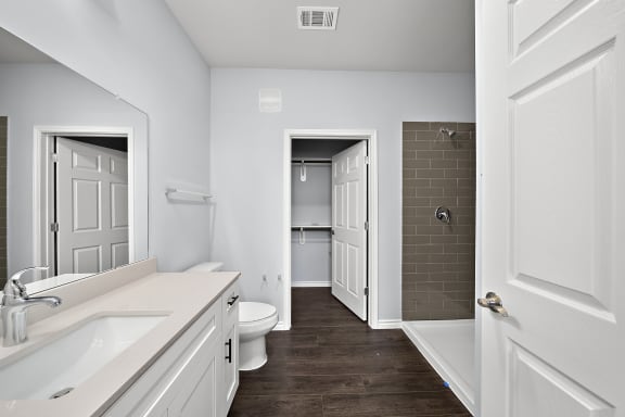 Master bathroom with separate shower and tub at The Aurea Apartments, Texas