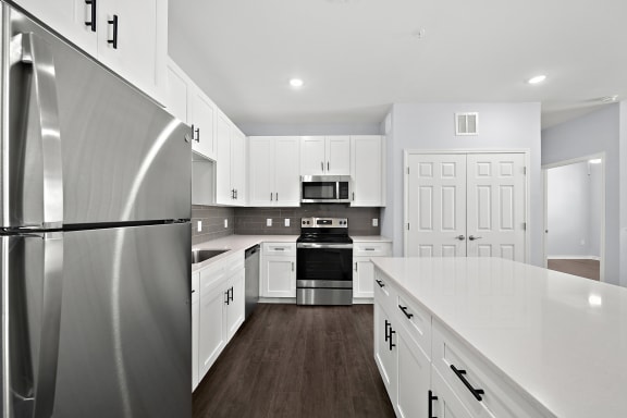 Modern kitchen with stainless steel appliances at The Aurea Apartments, Houston, 77093
