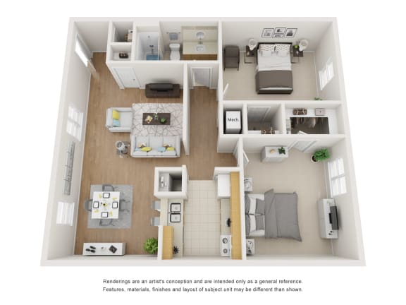 a floor plan of a 1 bedroom apartment at the crossings at white marsh apartments in white marsh  at Whispering Oaks, Conroe, TX, 77301