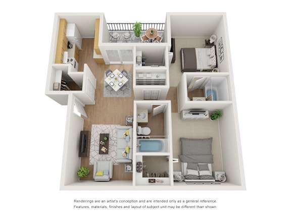Floor Plan  A 3D floor plan of a house with a living room, dining room, kitchen, and bedrooms.