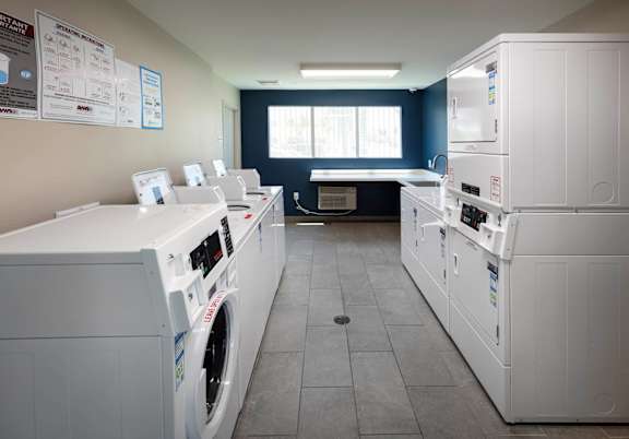 A laundromat with a row of washers and dryers.