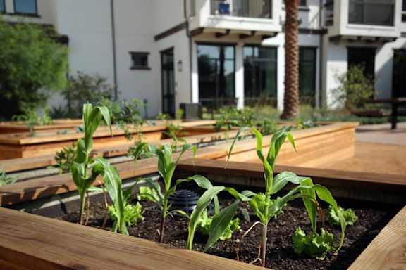A garden with several plants growing in wooden planters.