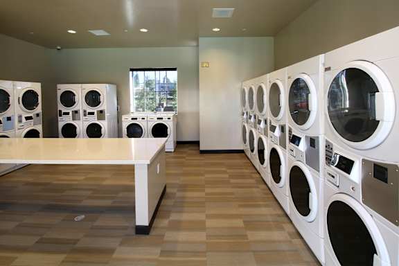 A laundromat with rows of washers and dryers.