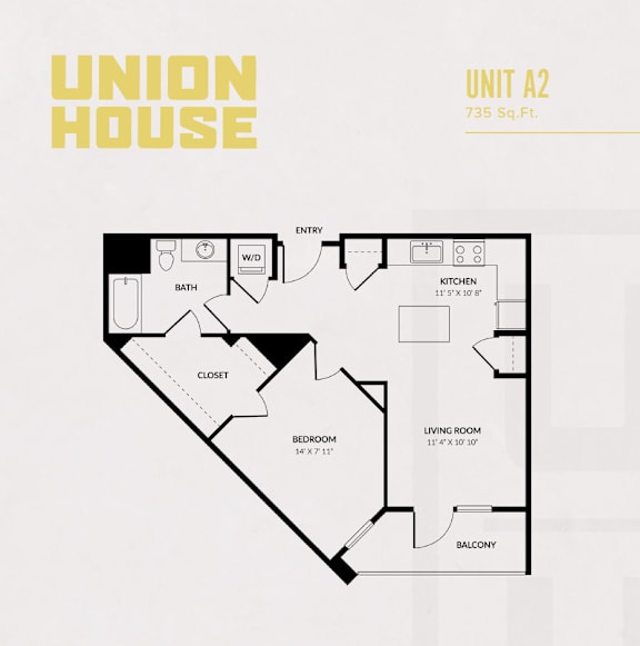 A floor plan of a Union House apartment unit labeled A2, which is 735 square feet.